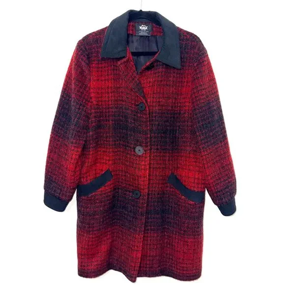 Vintage Woolrich Wool/Mohair Houndstooth Plaid Coat - Red/Black M - Picture 1 of 8